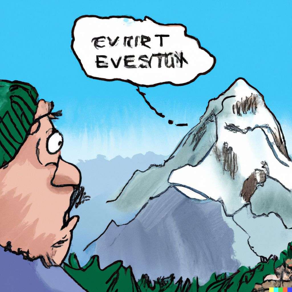 someone gazing at Mount Everest, cartoon